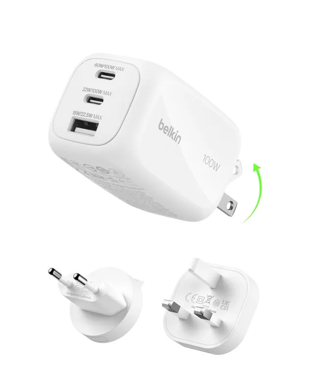 belkin-100w-gan-usb-c-ladeger-t-mit-3-ports-2x-usb-c-1x-usb-a-inkl-reisesteckern image 1