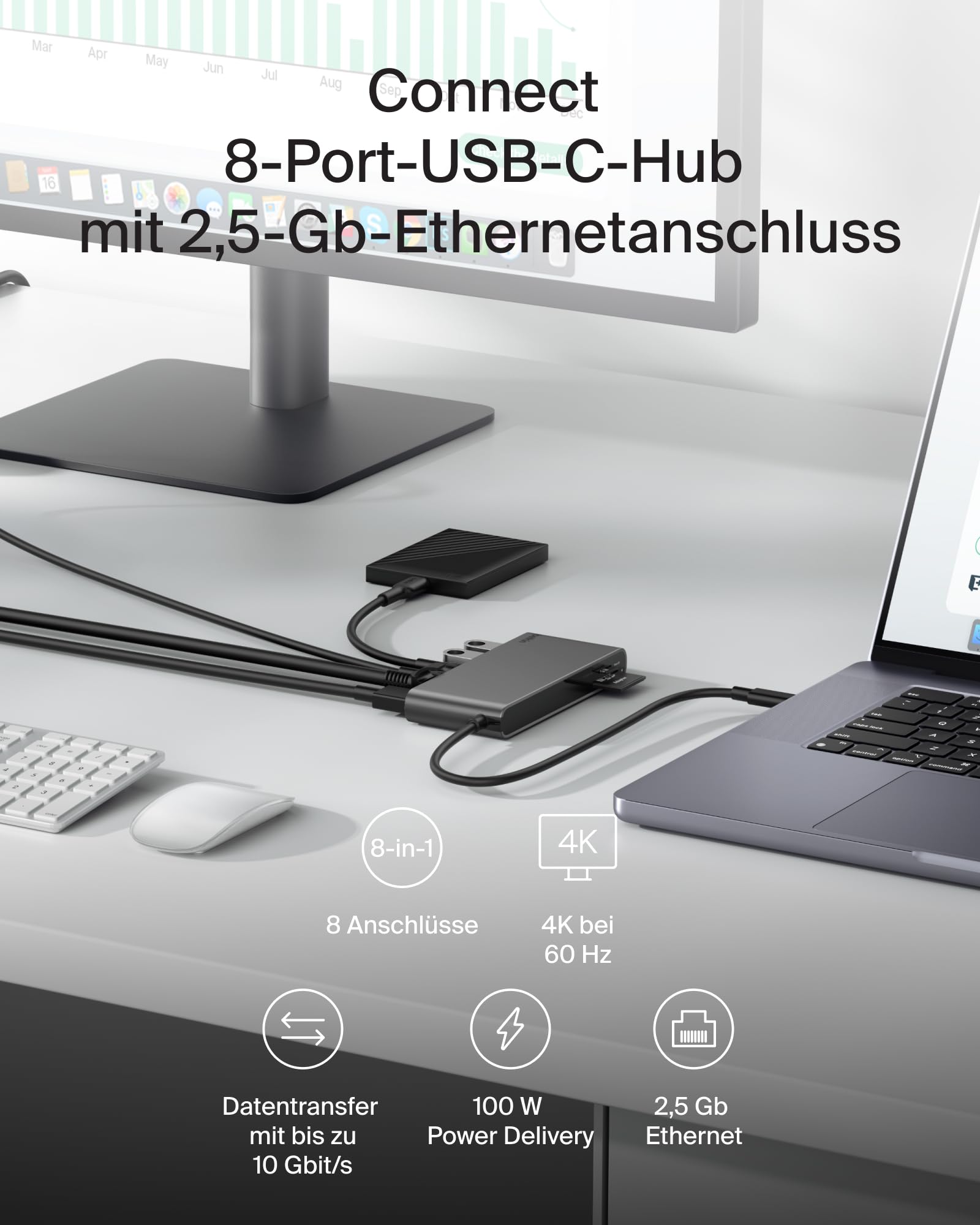 belkin-connect-8-in-1-usb-c-hub-4k-60hz-100w-pd-10gbps-2-5g-ethernet-grau image 2